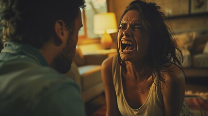 Fototapeta premium Emotional living room confrontation as woman cries, screams at man, he explains, soft focus scene