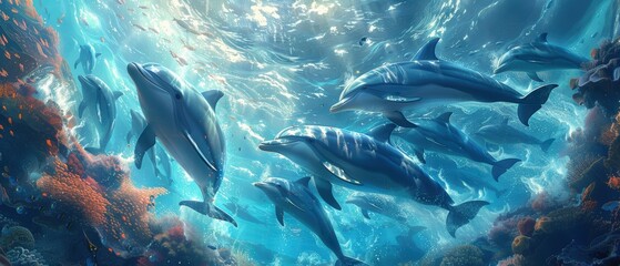 Group of dolphins swimming through a school of fish