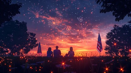 Fototapeta premium Family Enjoying Patriotic Picnic with Fireworks in Minimalist Art