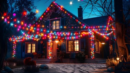 Festively Decorated House with Patriotic Lights and Flags in 3D Minimalist Rendering