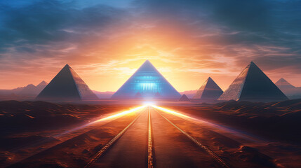 A futuristic scene with pyramids and a neon light pathway, blending ancient and futuristic elements