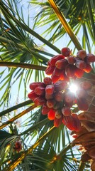 Fototapeta premium Palm tree with red ripe dates and sun shining through leaves, tropical fruit concept