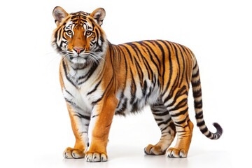 A Full-Body Portrait of a Standing Tiger on a White Background. Generative AI