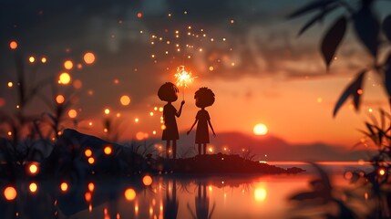 Fototapeta premium Joyful Children Holding Shimmering Sparklers in Minimalist Nightscape