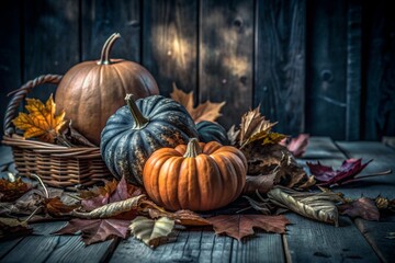 Still life with pumpkins and autumn leaves