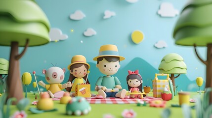 Obraz premium Joyful Family Celebrates Fourth of July with Games and Picnic in Minimalist Artwork