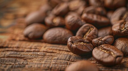 Naklejka premium Close-up of roasted coffee beans on rustic wooden surface