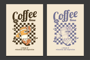 retro poster or graphic t-shirt design with coffee cup mascot cartoon character, vector illustration