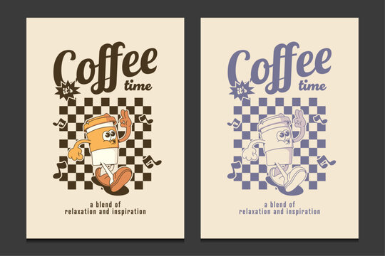 retro poster or graphic t-shirt design with coffee cup mascot cartoon character, vector illustration