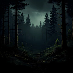 Fototapeta premium night view of the forest with a dark background, trees mountains land hills valleys at night, Generative AI
