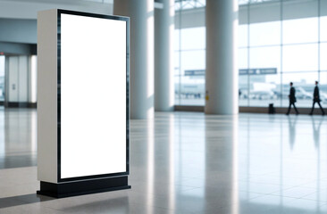 Blank smart kiosk mockup standing in a busy airport, blurred people. Empty template of touch screen in modern hallway.