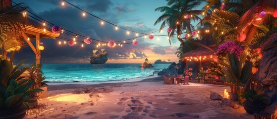 Higefinition image of a vibrant beach party, with colorful decorations and lively atmosphere, suitable for festive and tropical themes