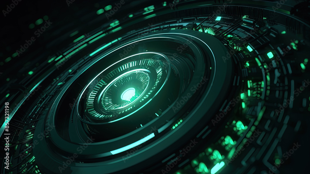 Poster Technology abstract background with hud styled round interface elements in neon tech light.