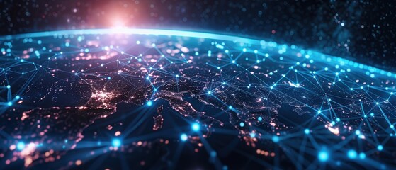 Highquality Earth with glowing digital network lines on a data matrix background, showcasing global connectivity in realism