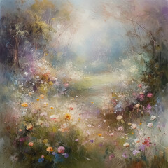 Obraz premium Oil style fine art painting of the English countryside, depicting romantic floral meadow, flowers field in soft pastel colours, evoking a sense of tranquility and natural beauty, printable art design