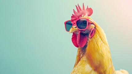 A chicken wearing sunglasses is looking to the left