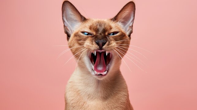 Javanese, angry cat baring its teeth, studio lighting pastel background