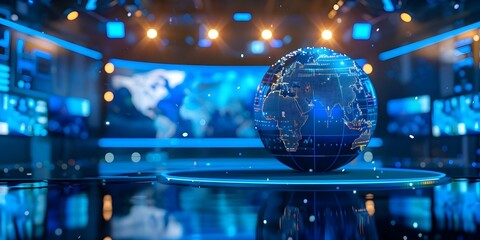 Photo of a news studio with blue lights and a globe. Concept News Studio, Blue Lights, Globe Display, Broadcasting Equipment, Professional Setting