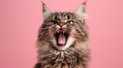 Obraz premium Norwegian Forest Cat, angry cat baring its teeth, studio lighting pastel background