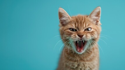 Pixie-bob, angry cat baring its teeth, studio lighting pastel background