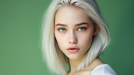 Fototapeta premium Portrait of a serious aggressive blonde teenage girl with white long hair with perfect skin, green background, banner.