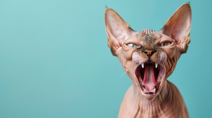 Sphynx, angry cat baring its teeth, studio lighting pastel background