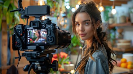 A confident vlogger diligently records content with her camera setup, surrounded by a vibrant studio ambiance filled with creative elements and excellent lighting.