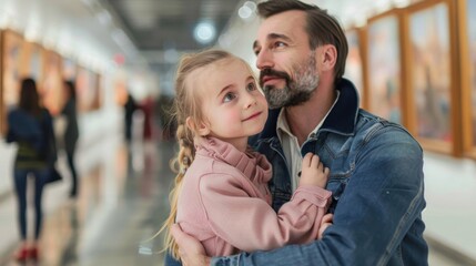 A loving father in a blue denim jacket embraces his young daughter in a pink coat as they admire paintings in an art gallery, creating a warm and tender moment.