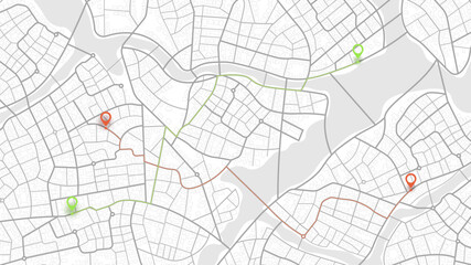 Online tracking on the map of several cars. Different routes on the city roads. Location in real time. Vector illustration