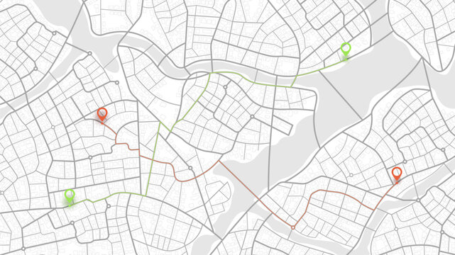 Online tracking on the map of several cars. Different routes on the city roads. Location in real time. Vector illustration