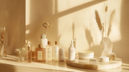 A pristine spa scene featuring a luxurious array of facial treatment products on a soft beige background, capturing the essence of beauty and skincare.