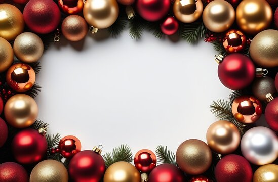 Festive frame made of Christmas tree branches and balls of red and golden color on white background with place for text in center, template for Happy New Year greeting card, banner lay, copy spece