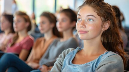 Obraz premium A young student with freckles and light eyes in a blue top sits attentively in a classroom, surrounded by other students, each deeply engrossed in the ongoing lecture.