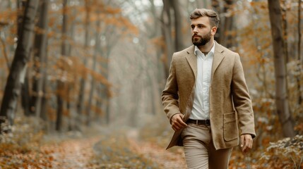 A Man Walking Through Autumn Woods