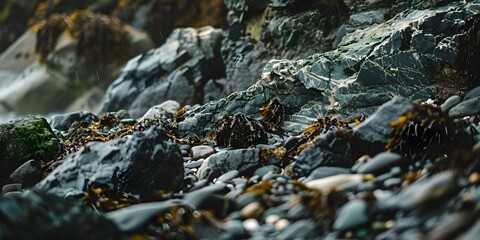 Realistic coastal photography featuring rocky shorelines seaweed and textured rocks in greens and browns. Concept Coastal Photography, Rocky Shorelines, Seaweed Textures, Green Brown Tones
