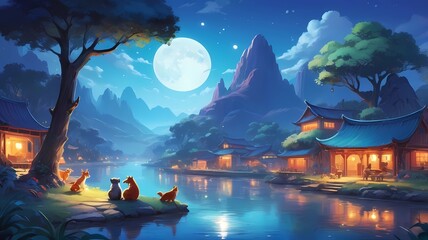 at night in a village, with various kinds of animals, humans, river, mountain, moon, beautiful glow, raft nuances and beautiful mountain views, Generative AI
