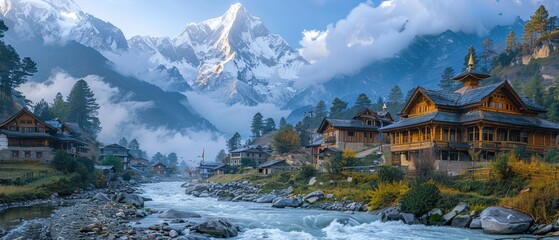 Idyllic mountain village with traditional wooden houses, snow-covered peaks, and a serene river flowing through the valley