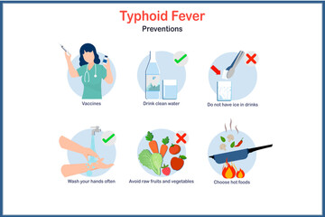 Medical illustration concept in flat style of prevention of typhoid fever,vaccination,eating cooked food,drinking clean water,washing hands regularly and avoiding raw fruits and vegetables.