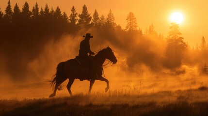Horse Cowboy Silhouette: Lone Cowboy Riding Horse in Sunset Forest Landscape