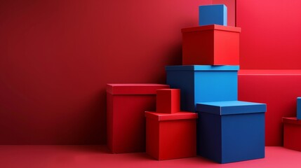 Obraz premium Colorful red and blue boxes stacked against a red background create a vibrant and modern decorative arrangement