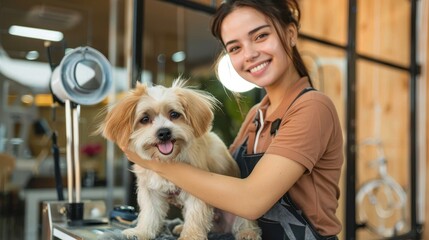A happy woman groomer stands with a cute, freshly-groomed dog in a modern grooming salon. The environment is clean and welcoming, highlighting professional pet services.