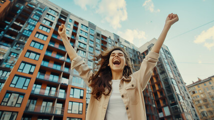 Frontal view of a happy, laughing realtor girl with her hands up in the air, celebrating a victory, a successful deal against a background of tall houses.