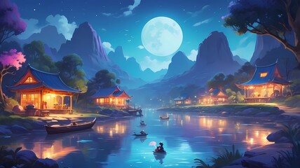 at night in a village, with various kinds of animals, humans, river, mountain, moon, beautiful glow, raft nuances and beautiful mountain views, Generative AI