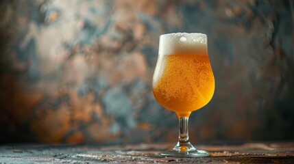 Light foam beer in a glass on an old background