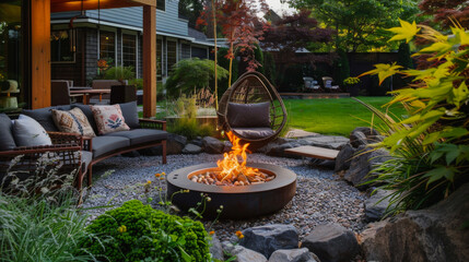 Cozy seating area in the backyard with a fire pit and comfortable seats. A stunning outdoor oasis. A place to relax.