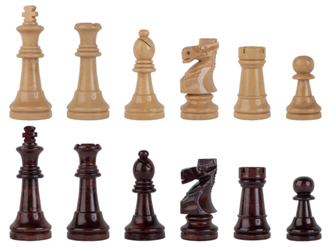Black and white chess pieces isolated on transparent background.