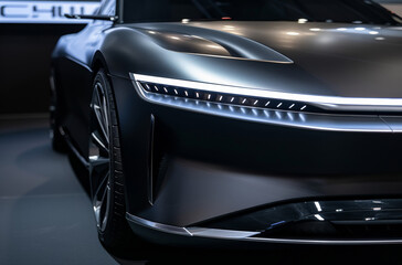 Close up of the front end headlights of an electric coupe concept car