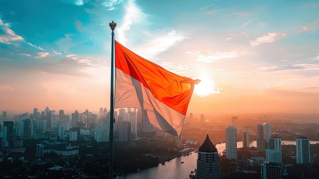 Indonesian flag waving over city skyline during sunset
