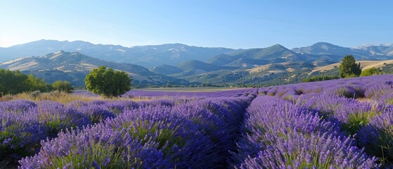 Obraz premium Lavender field in full bloom with mountains in the background