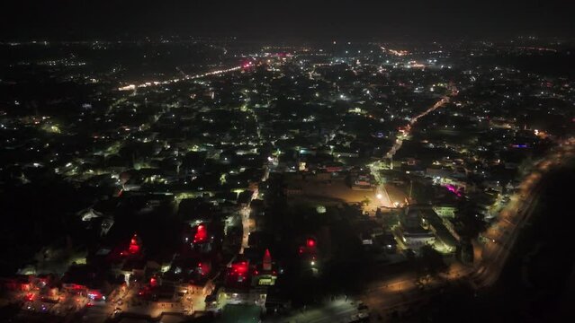 Ayodhya Drone aerial shot video of night City view near Ram ki Paidi Ghats